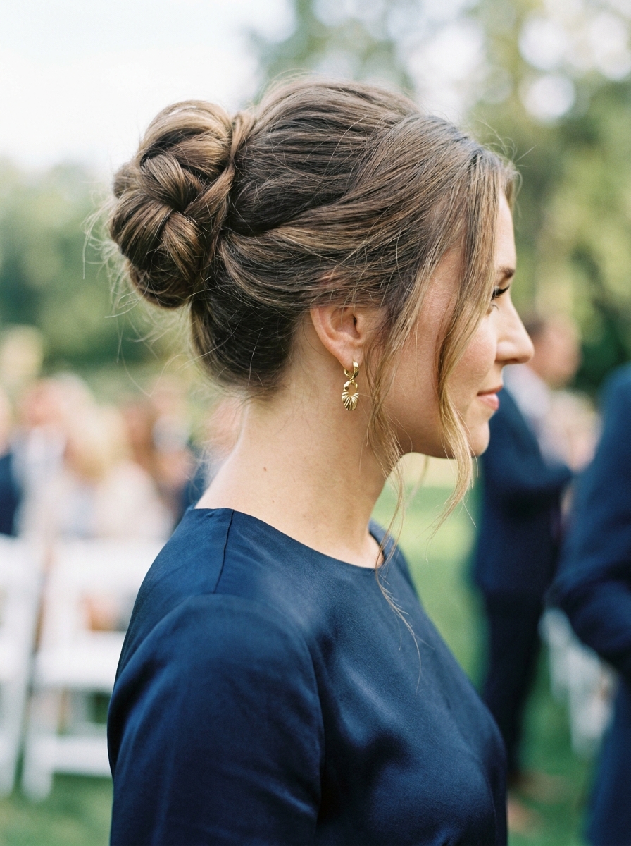 Hochgesteckter lockerer Dutt als Frisuren für lange Haare als Hochzeitsgast Inspiration 2026
